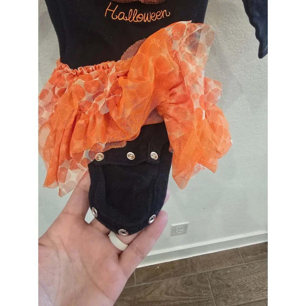 Baby Girls My 1st Halloween Black Long-Sleeve Bodysuit With Glitter Pumpkin & Or - Picture 2 of 4